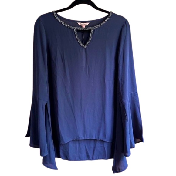 JUICY COUTURE Blue Bell Sleeve Rhinestone Asymmetric Shark-Bite Hem Top Medium - Picture 1 of 7